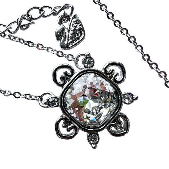 Clear Swarovski Crystal Square and Hearts Pendant 16" Silver-tone Necklace Swan - Picture 1 of 6